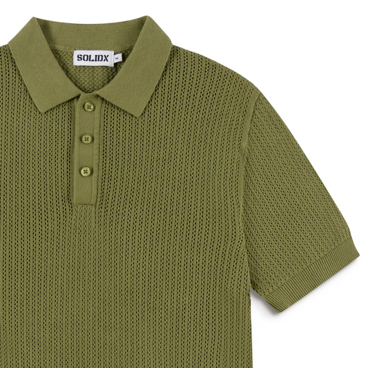 AirKnit Olive Pointelle Textured Knit Polo