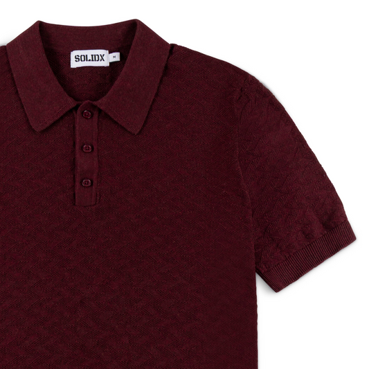 Diamond Textured Cotton Polo – Deep Burgundy Lightweight Knit