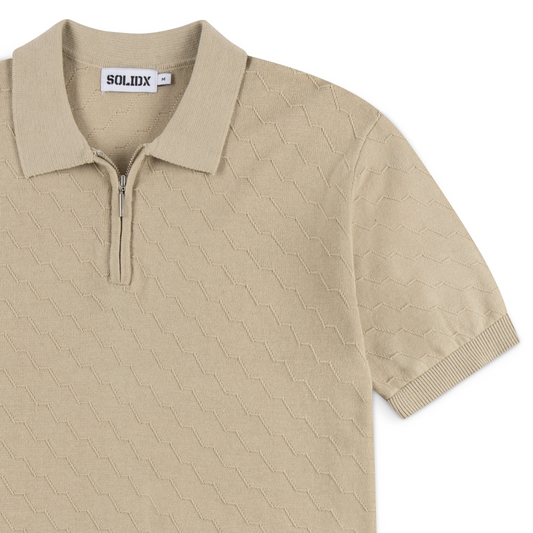 Men’s Textured Zip Sand Beige Knit Polo