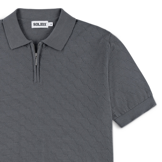 Men’s Textured Zip Charcoal Grey Knit Polo