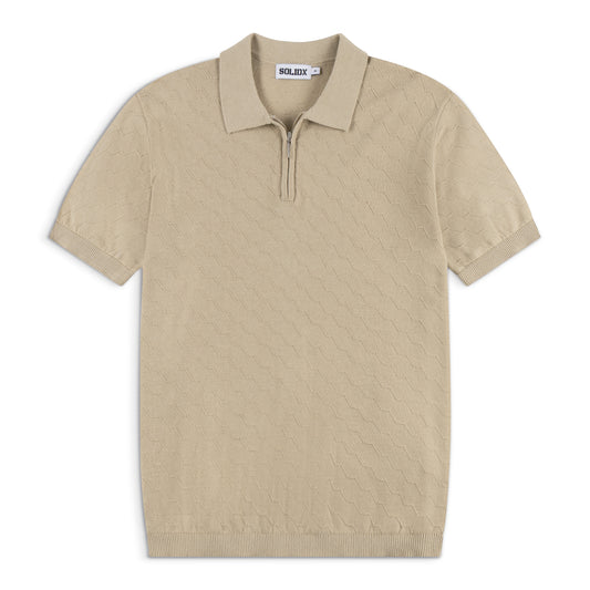 Men’s Textured Zip Sand Beige Knit Polo