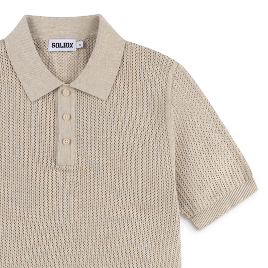 AirKnit Oat Beige Pointelle Textured Knit Polo